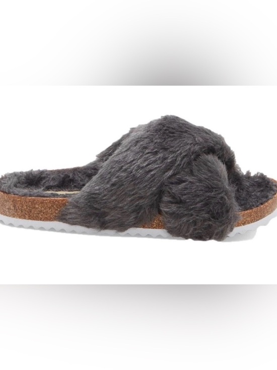 NIB [Lucky Brand] Marana Faux Fur Cork Slide Sandals in Graphite Women’s Sz 5.5 - Picture 2 of 12